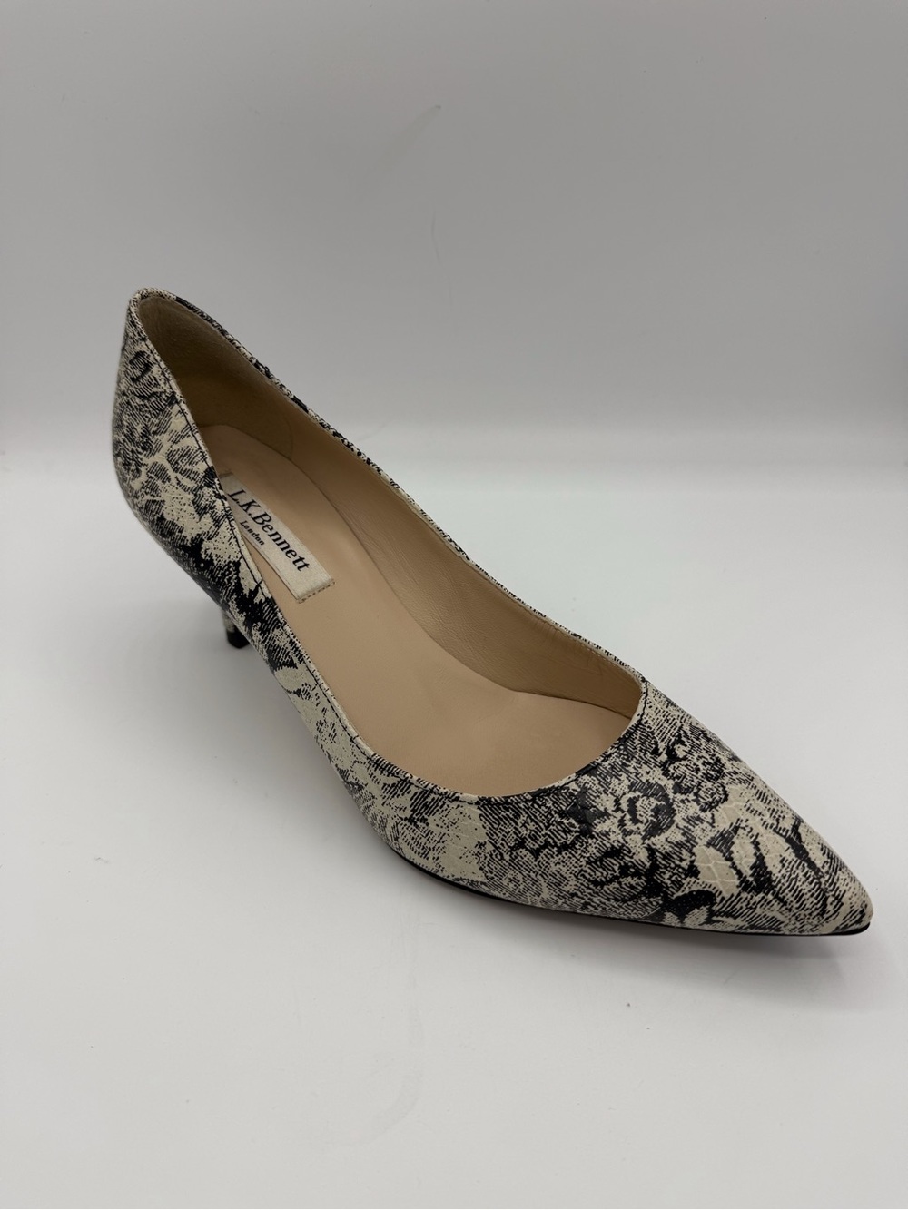LK Bennett Black & Cream Floral Pointed Toe Kitten Heel Pump
